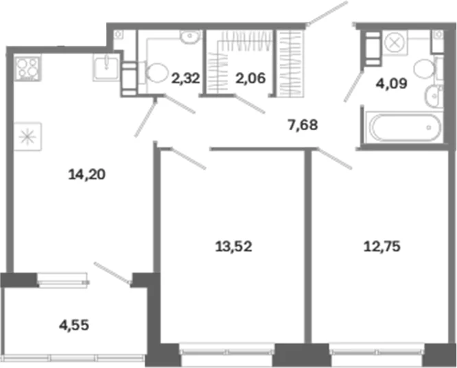 Планировка: 2-комнатная квартира 56,6 м² в ЖК «Дом на Курской»