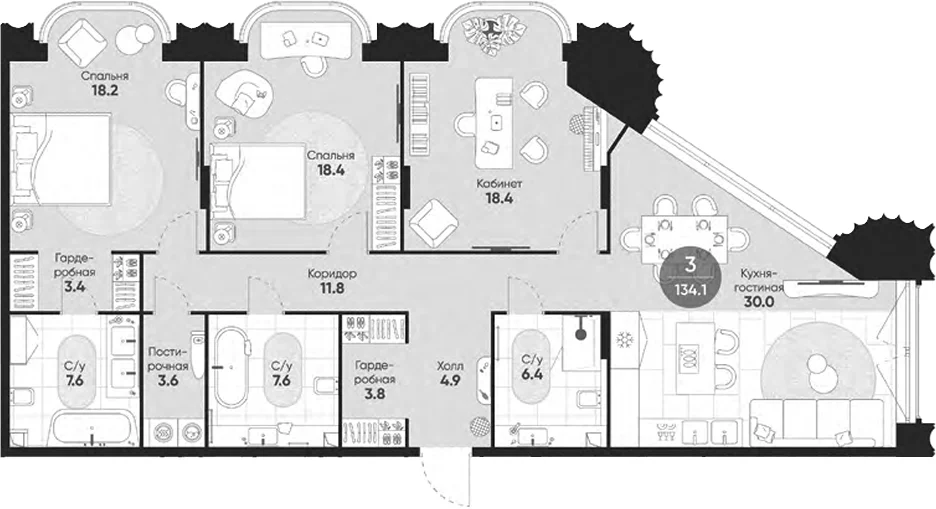 Планировка: Квартира евро-4 134,1 м² в ЖК «Резиденция Омега»