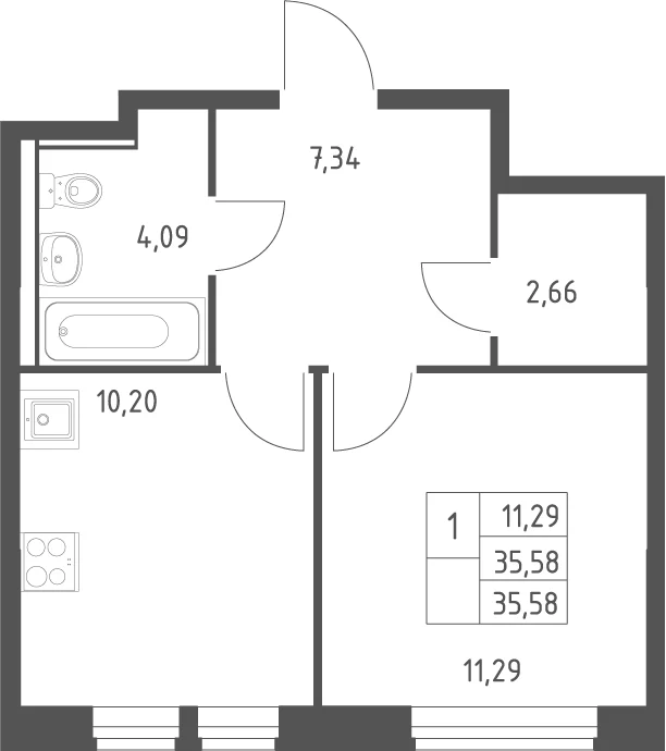 Планировка: 1-комнатная квартира 35,6 м² в ЖК «Квартал Ивакино»