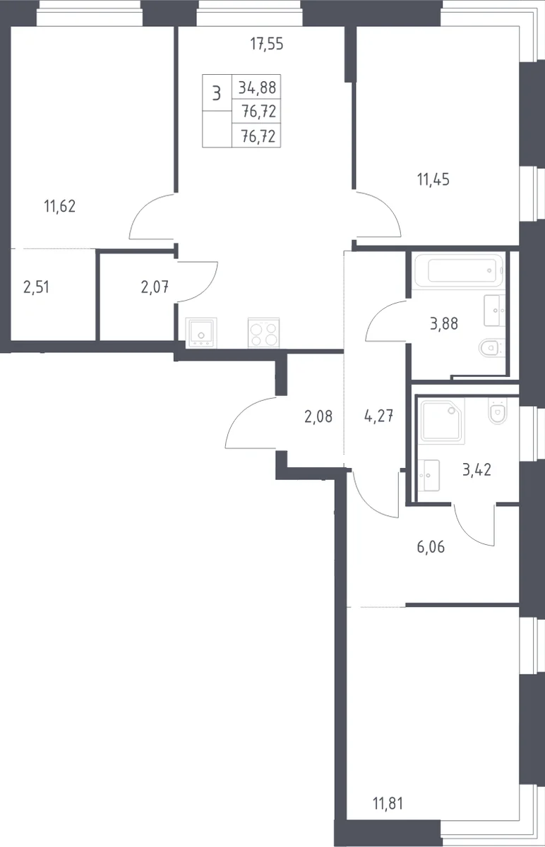 Планировка: Квартира евро-4 76,7 м² в ЖК «Литературный Квартал»