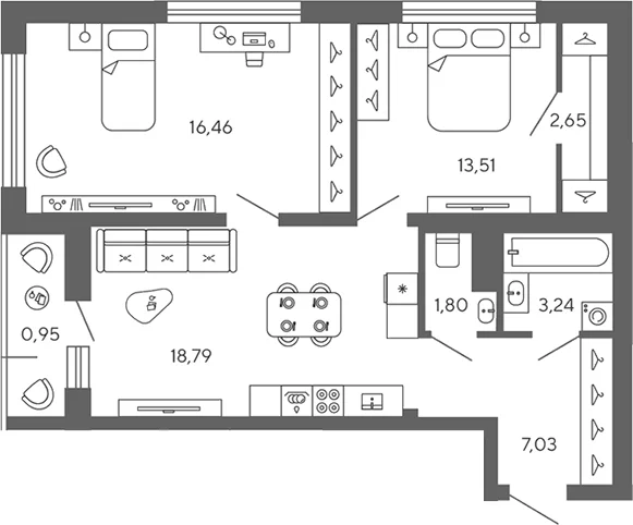 Планировка: 2-комнатная квартира 63,5 м² в ЖК «Экоквартал Гармония»