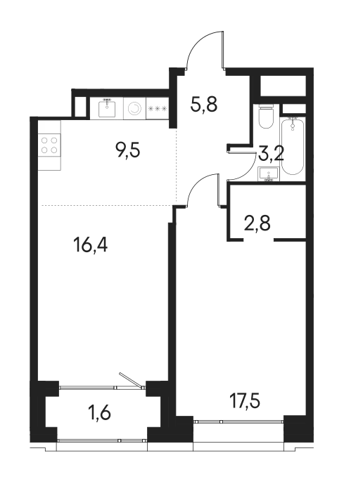 Планировка: Евродвушка 55,2 м² в ЖК «Клубный город на реке Примавера»