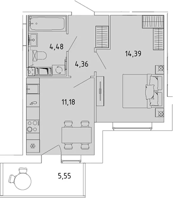 Планировка: 1-комнатная квартира 34,4 м² в ЖК «Ю Гатчина»