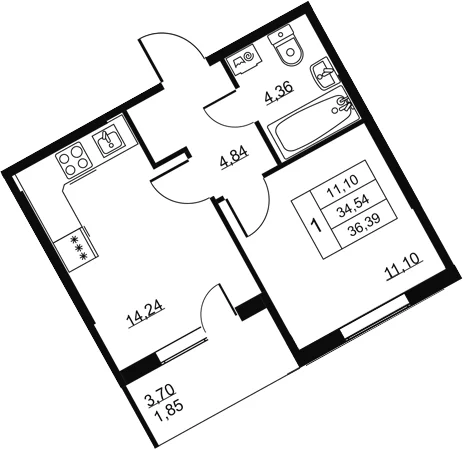 Планировка: 1-комнатная квартира 34,5 м² в ЖК «Высота. Всеволожск»