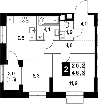 Планировка: Евродвушка 44,8 м² в ЖК «1-й Измайловский»