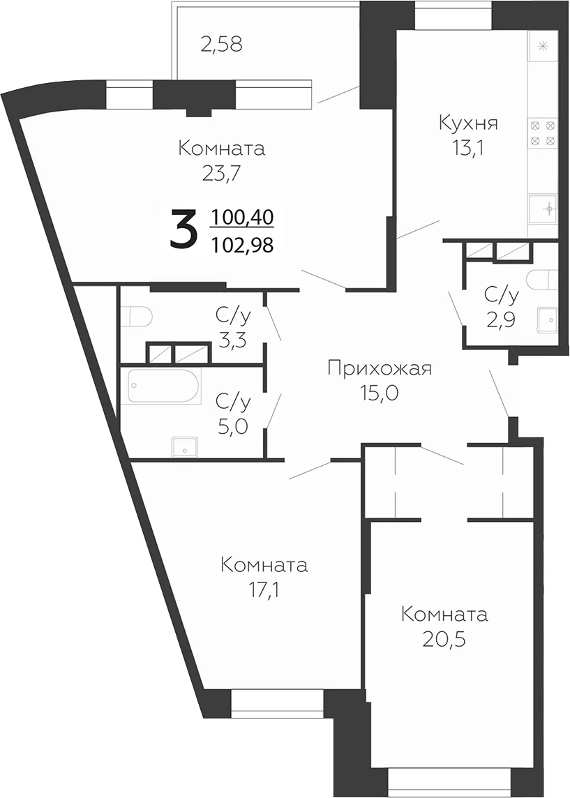 Планировка: 3-комнатная квартира 100,4 м² в ЖК «Онегин. ГК Развитие»