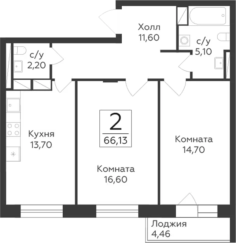 Планировка: 2-комнатная квартира 63,9 м² в ЖК «Малаховский»