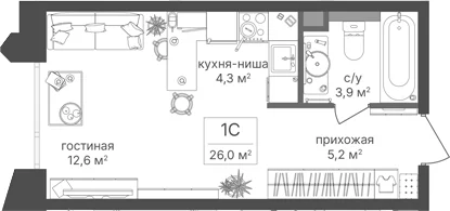 Планировка: Студия 26 м² в ЖК «Петровский Парк II»