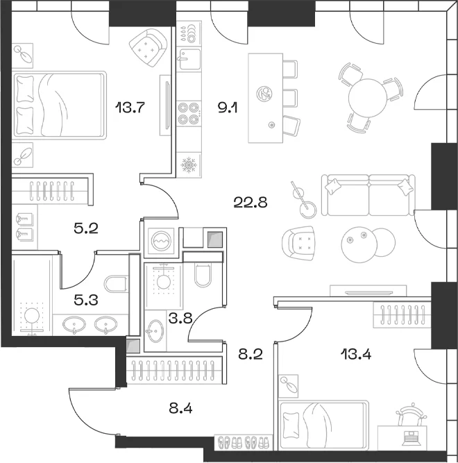 Планировка: Евротрёшка 90,8 м² в ЖК «SHIFT»