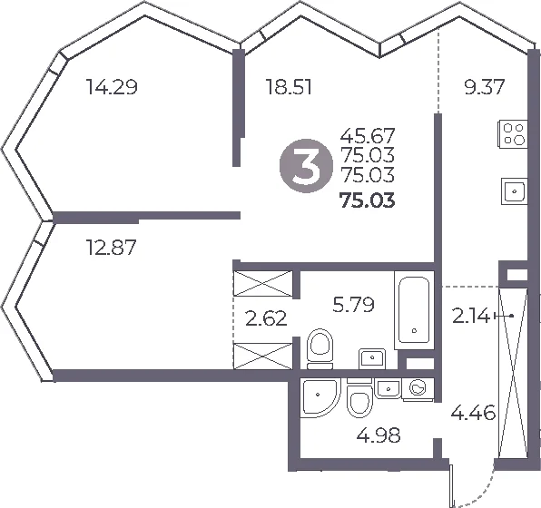 Планировка: 2-комнатная квартира 75 м² в ЖК «Мневники от Гранель»