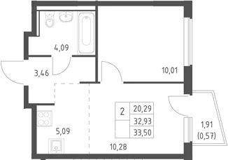 Планировка: Евродвушка 32,9 м² в ЖК «Егорово парк»