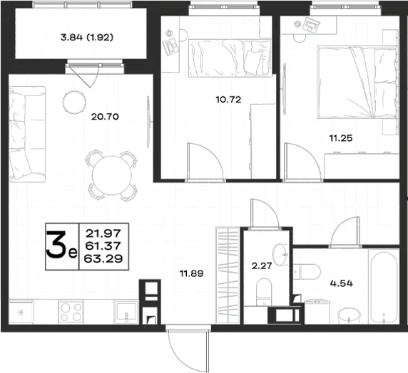 Планировка: Евротрёшка 61,4 м² в ЖК «Имена»