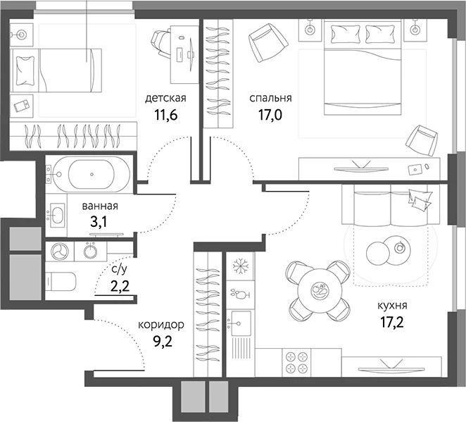 Планировка: 2-комнатная квартира 60,3 м² в ЖК «Сиреневый парк»