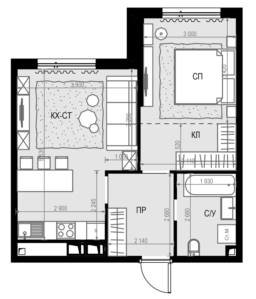 Планировка: Евродвушка 45,1 м² в ЖК «Дом МАЛЕВИЧ»