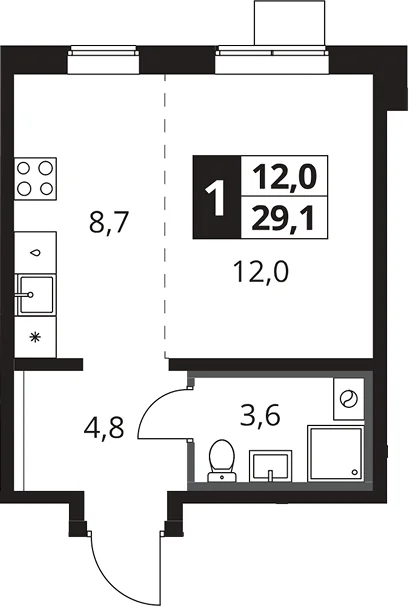 Планировка: Студия 29,1 м² в ЖК «1-й Южный»