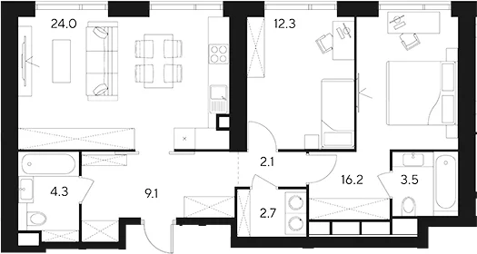 Планировка: Евротрёшка 74,2 м² в ЖК «Инди Тауэрз от Аквилон»