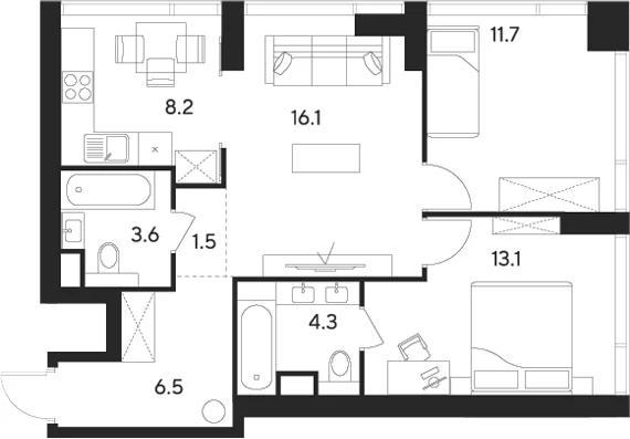 Планировка: 3-комнатная квартира 65 м² в ЖК «Инди Тауэрз от Аквилон»
