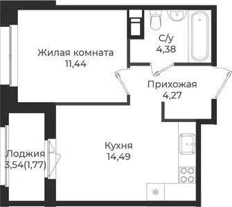 Планировка: 1-комнатная квартира 34,6 м² в ЖК «Новатория»