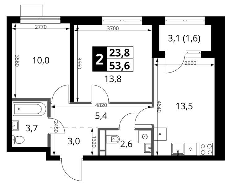 Планировка: 2-комнатная квартира 52 м² в ЖК «1-й Ясеневский»