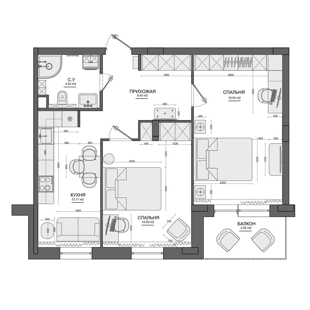 Планировка: 2-комнатная квартира 59,4 м² в ЖК «Лесной»