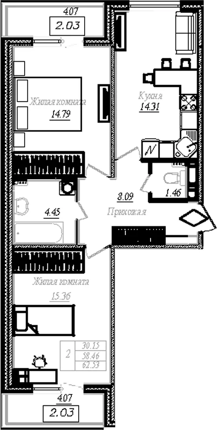 Планировка: 2-комнатная квартира 58,5 м² в ЖК «АРО»