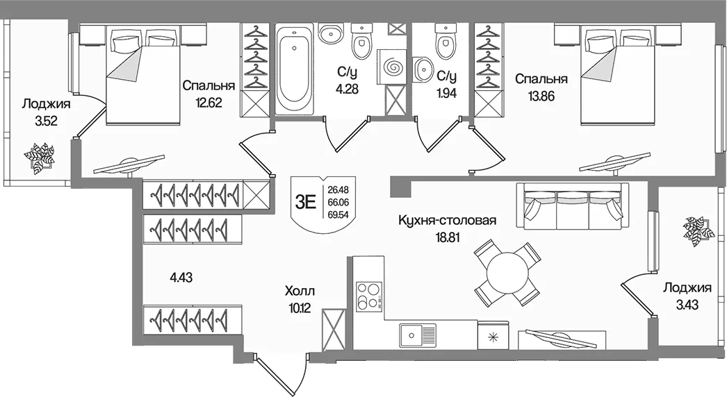 Планировка: Евротрёшка 66,1 м² в ЖК «Охтинские высоты»