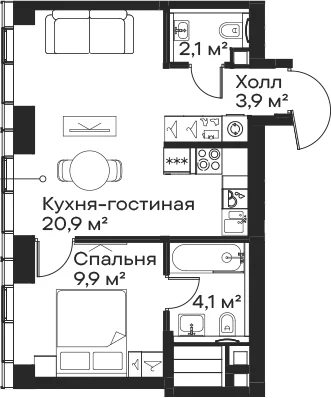 Планировка: Евродвушка 40,9 м² в ЖК «Сити Бэй»