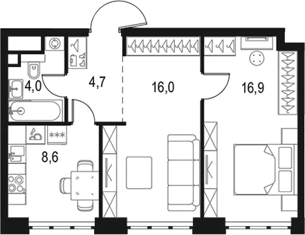 Планировка: 2-комнатная квартира 50,2 м² в ЖК «Левел Южнопортовая»