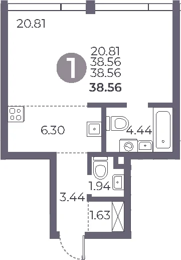 Планировка: Студия 38,6 м² в ЖК «Мневники от Гранель»