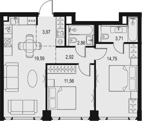 Планировка: Евротрёшка 59,4 м² в ЖК «Левел Павелецкая Сити»