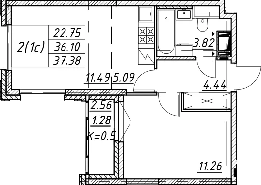 Планировка: Евродвушка 36,1 м² в ЖК «Цивилизация на Неве»