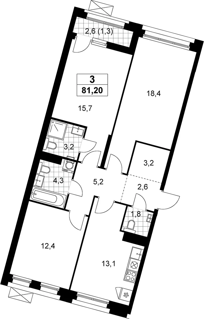 Планировка: 3-комнатная квартира 79,9 м² в ЖК «Прокшино»