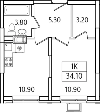 Планировка: 1-комнатная квартира 34,1 м² в ЖК «Видный Берег 2.0»