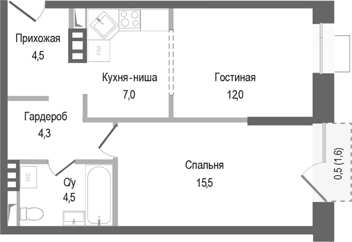 Планировка: Евродвушка 47,8 м² в ЖК «Киноквартал»
