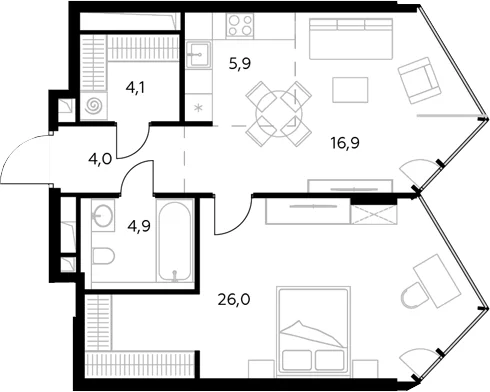 Планировка: Евродвушка 61,8 м² в ЖК «Монблан»