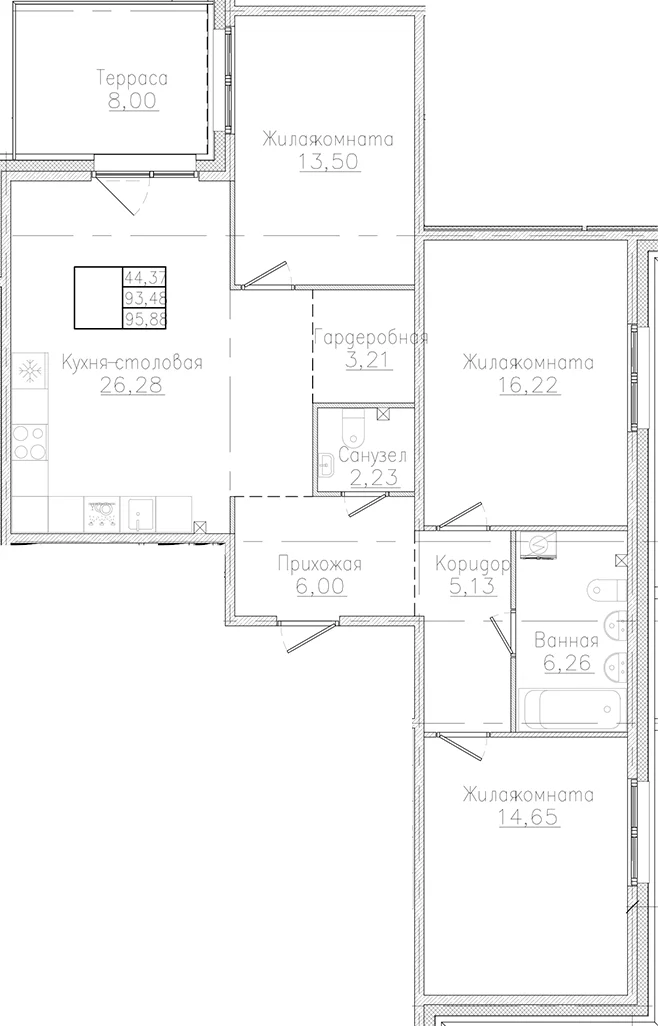 Планировка: 3-комнатная квартира 93,5 м² в ЖК «Счастье 2.0»