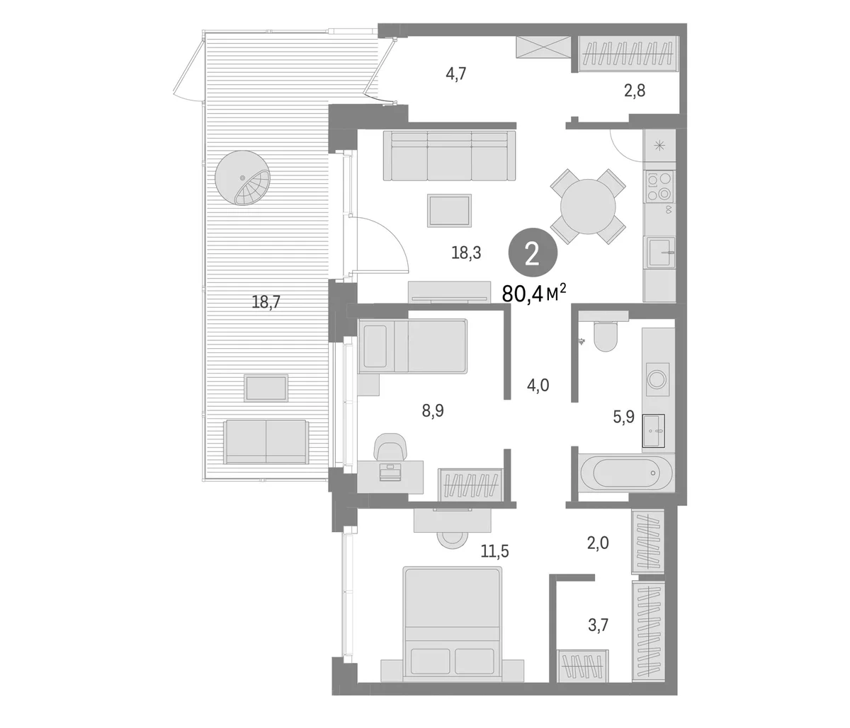 Планировка: Евротрёшка 61,7 м² в ЖК «Брусника в Новоселье»