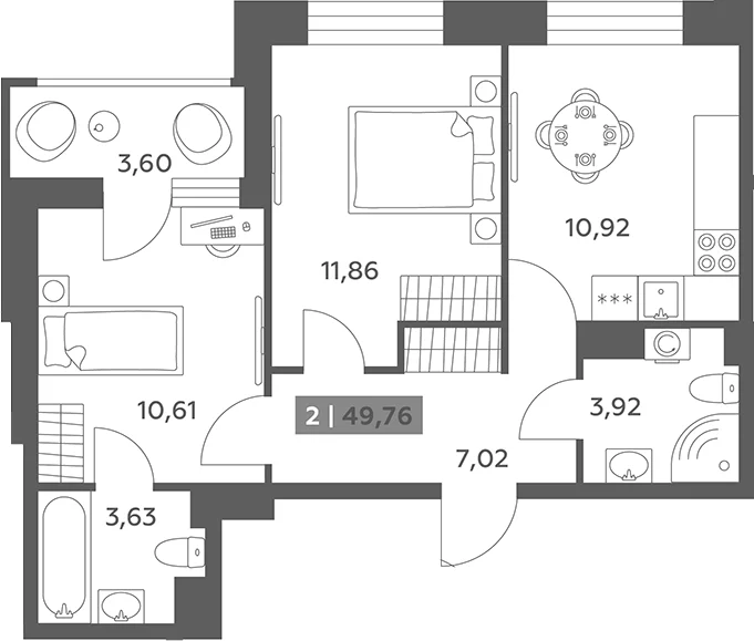 Планировка: 2-комнатная квартира 48 м² в ЖК «Аквилон РекаПарк»
