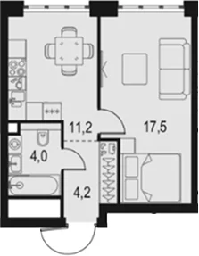 Планировка: 1-комнатная квартира 36,9 м² в ЖК «Левел Южнопортовая»