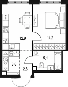 Планировка: 1-комнатная квартира 38,8 м² в ЖК «Левел Южнопортовая»