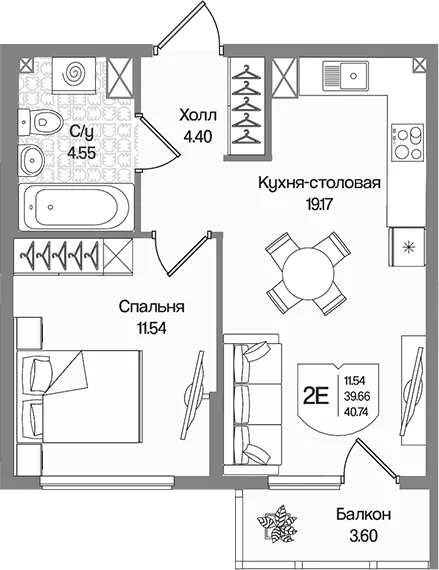 Планировка: Евродвушка 39,7 м² в ЖК «Охтинские высоты»