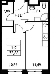 Планировка: 1-комнатная квартира 32,9 м² в ЖК «Волковская 67»