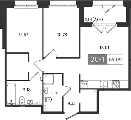Планировка: Евротрёшка 63,1 м² в ЖК «Ranta Residence»