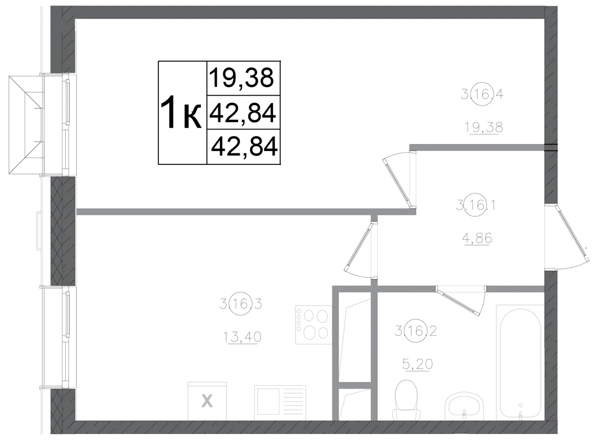Планировка: 1-комнатная квартира 42,8 м² в ЖК «Авиатор-2»