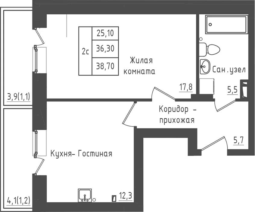 Планировка: 1-комнатная квартира 36,3 м² в ЖК «Зеленый город»