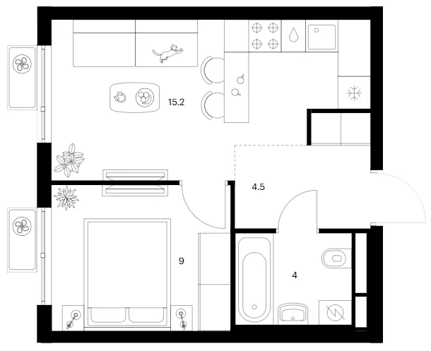 Планировка: 1-комнатная квартира 32,7 м² в ЖК «Белая Дача парк»