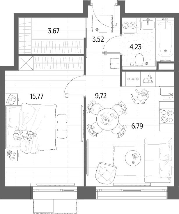 Планировка: Евродвушка 43,7 м² в ЖК «МЫС»