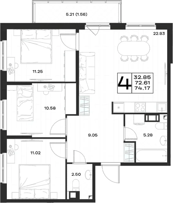 Планировка: Квартира евро-4 72,6 м² в ЖК «Имена»