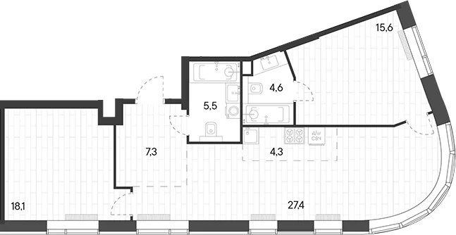 Планировка: Евротрёшка 82,8 м² в ЖК «Родина Переделкино»