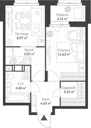 Планировка: Евродвушка 38,1 м² в ЖК «ВЕРЕН НОРТ Cертолово»